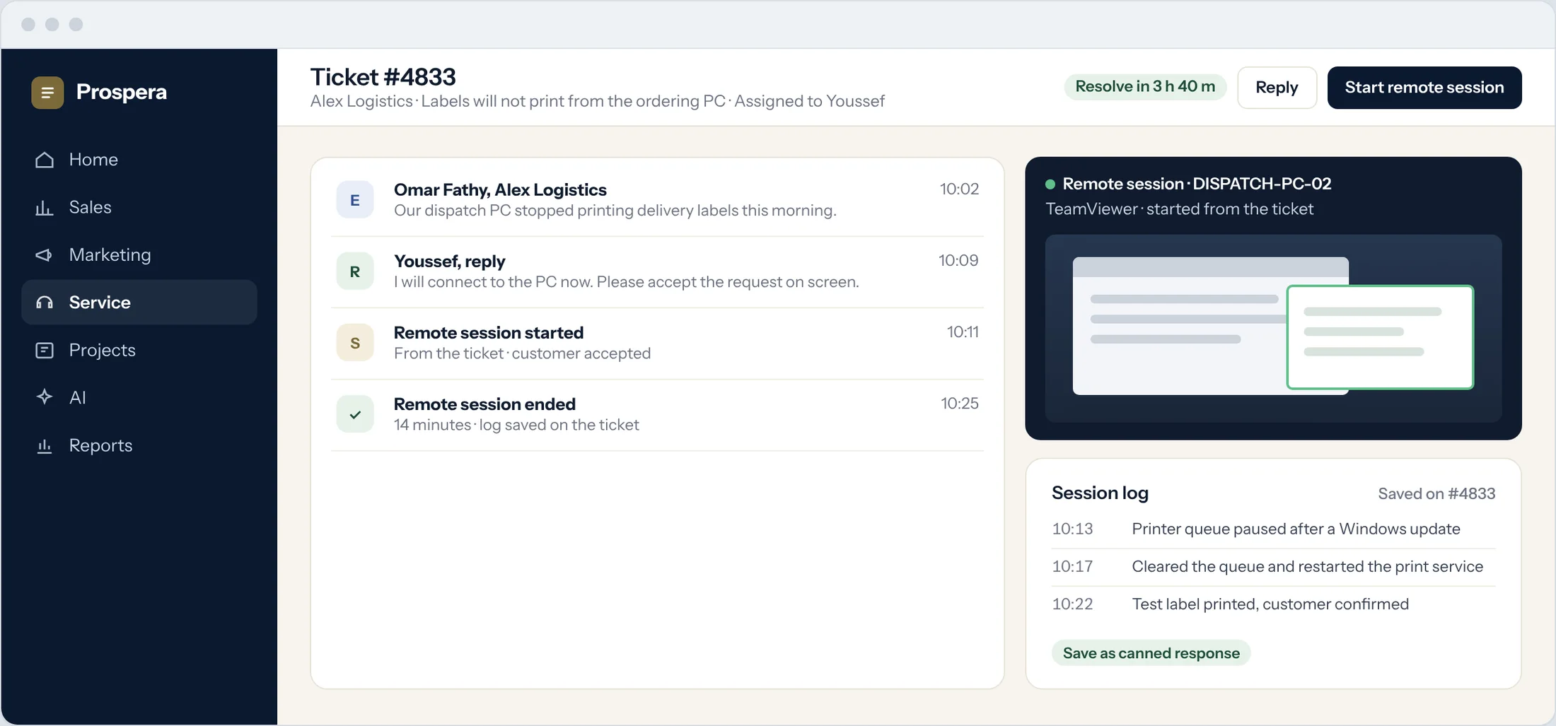 Sample: a ticket with a remote session started from it and the session log saved on the ticket