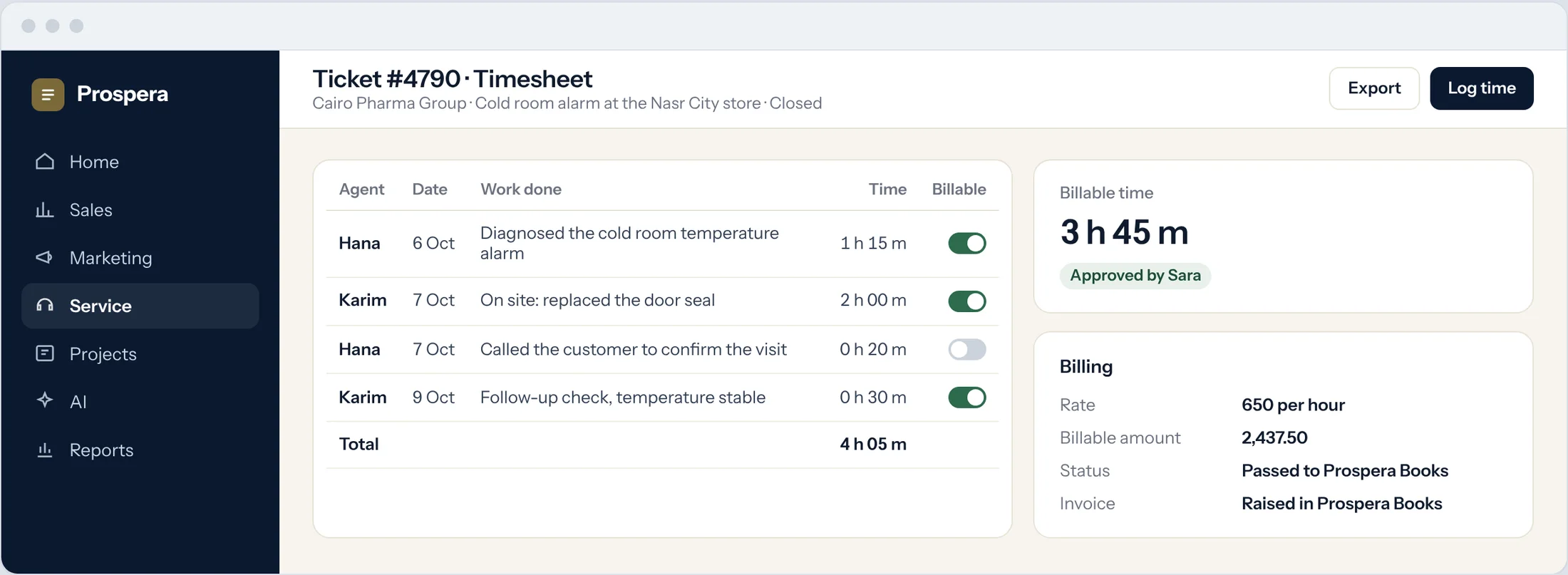 Sample: a ticket timesheet with entries by agent, billable switches and the billable total