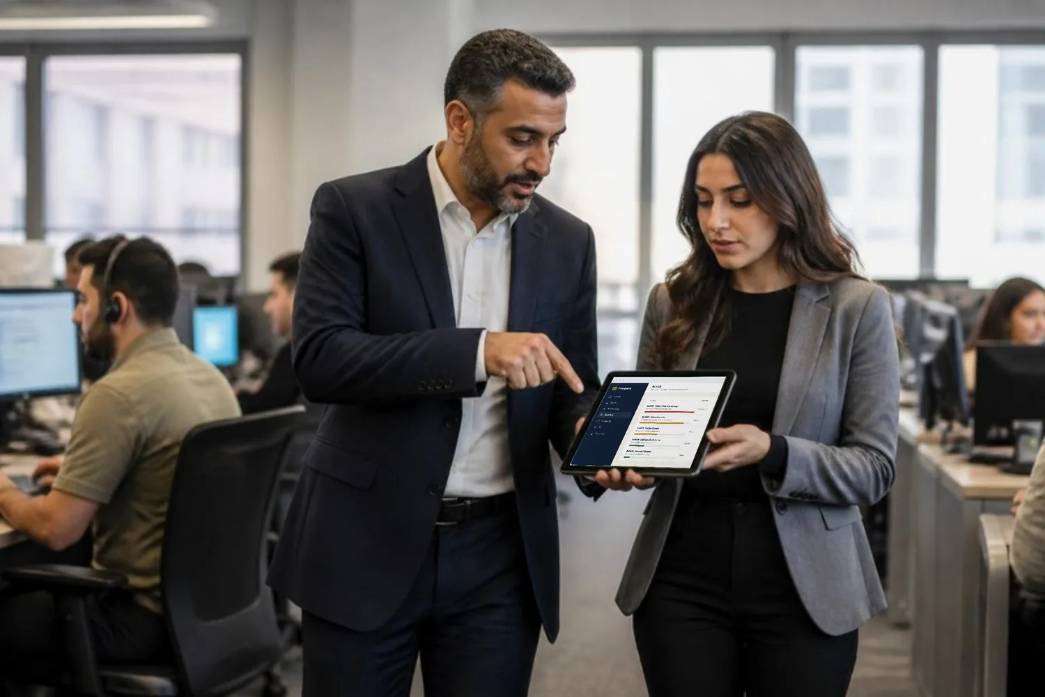 A service manager walks the support floor with an agent, the tickets at risk open on her tablet