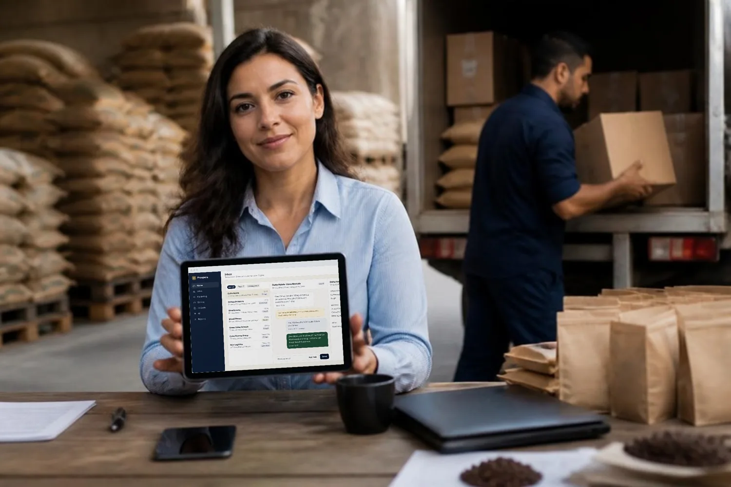 A customer care lead at a warehouse dispatch desk reads a customer message on her tablet while a driver loads boxes