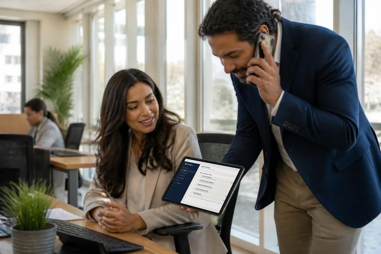 A sales manager hands a hot lead to her account manager on the sales floor, the routing rules open on her tablet