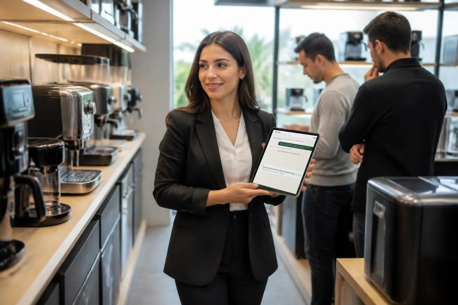 A sales assistant answers a website chat on her phone as she walks through a coffee showroom