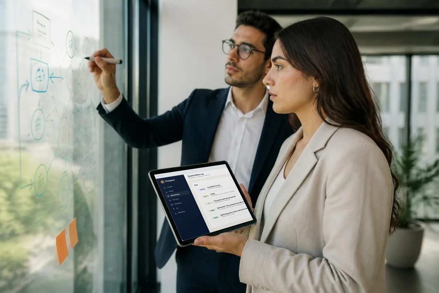 Two marketers map a follow-up journey on a glass wall while one checks the live rule on her tablet