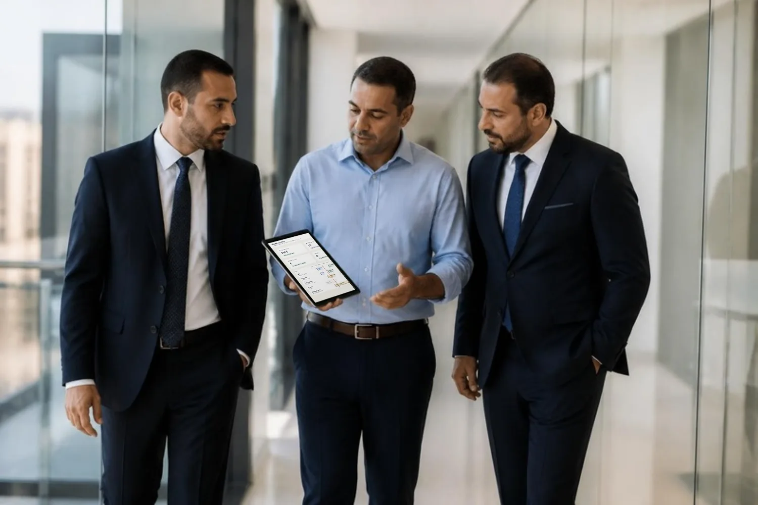 An office manager leads two visiting clients down a glass-walled corridor, checking the room board on his tablet