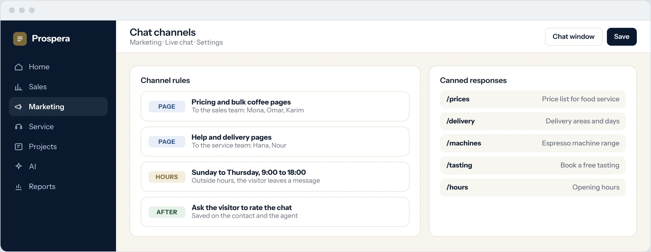Sample: chat channel rules by page and working hours, with a list of canned responses