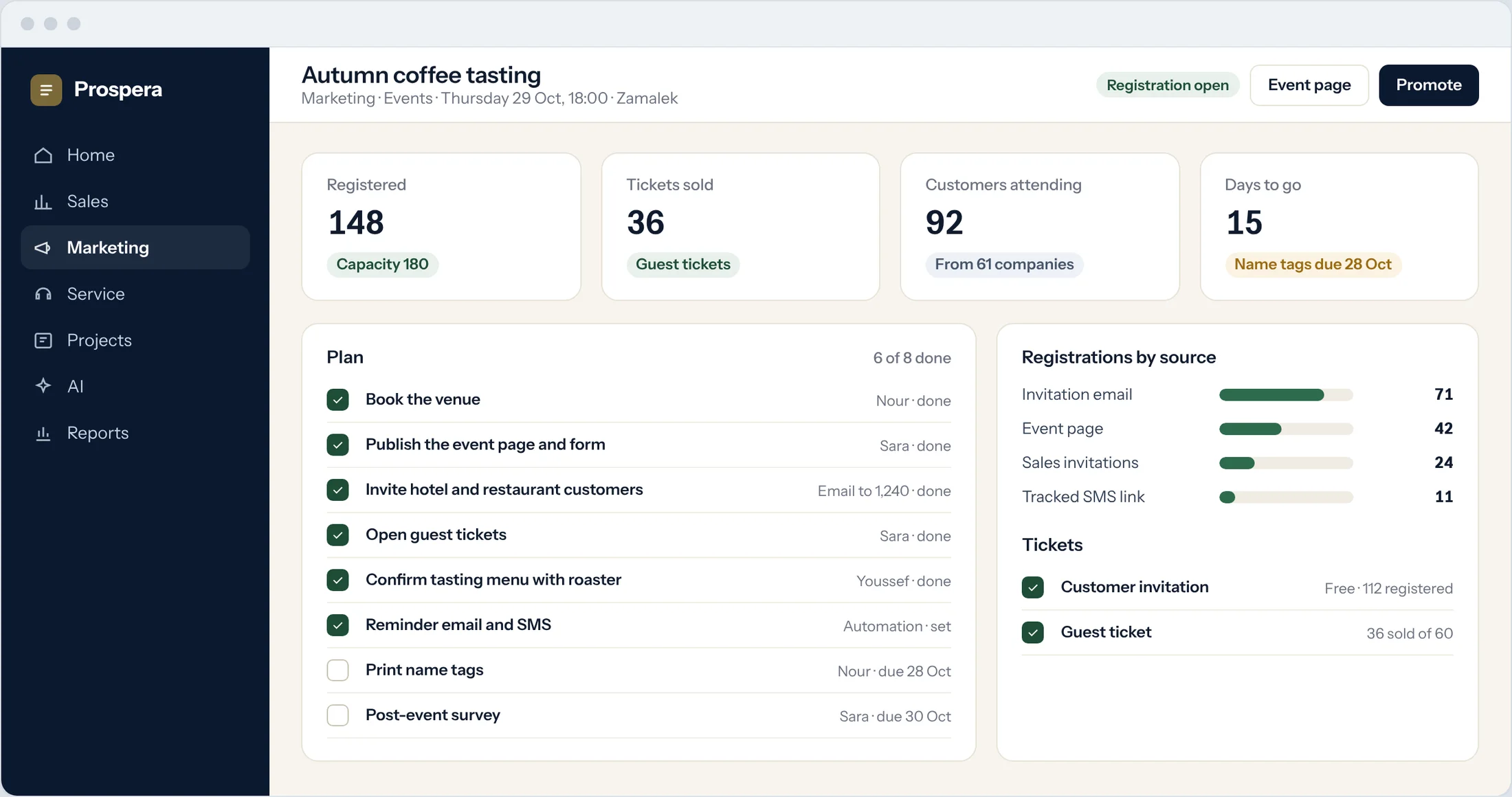 Sample: an event plan with tasks, registrations, ticket sales and registrations by source