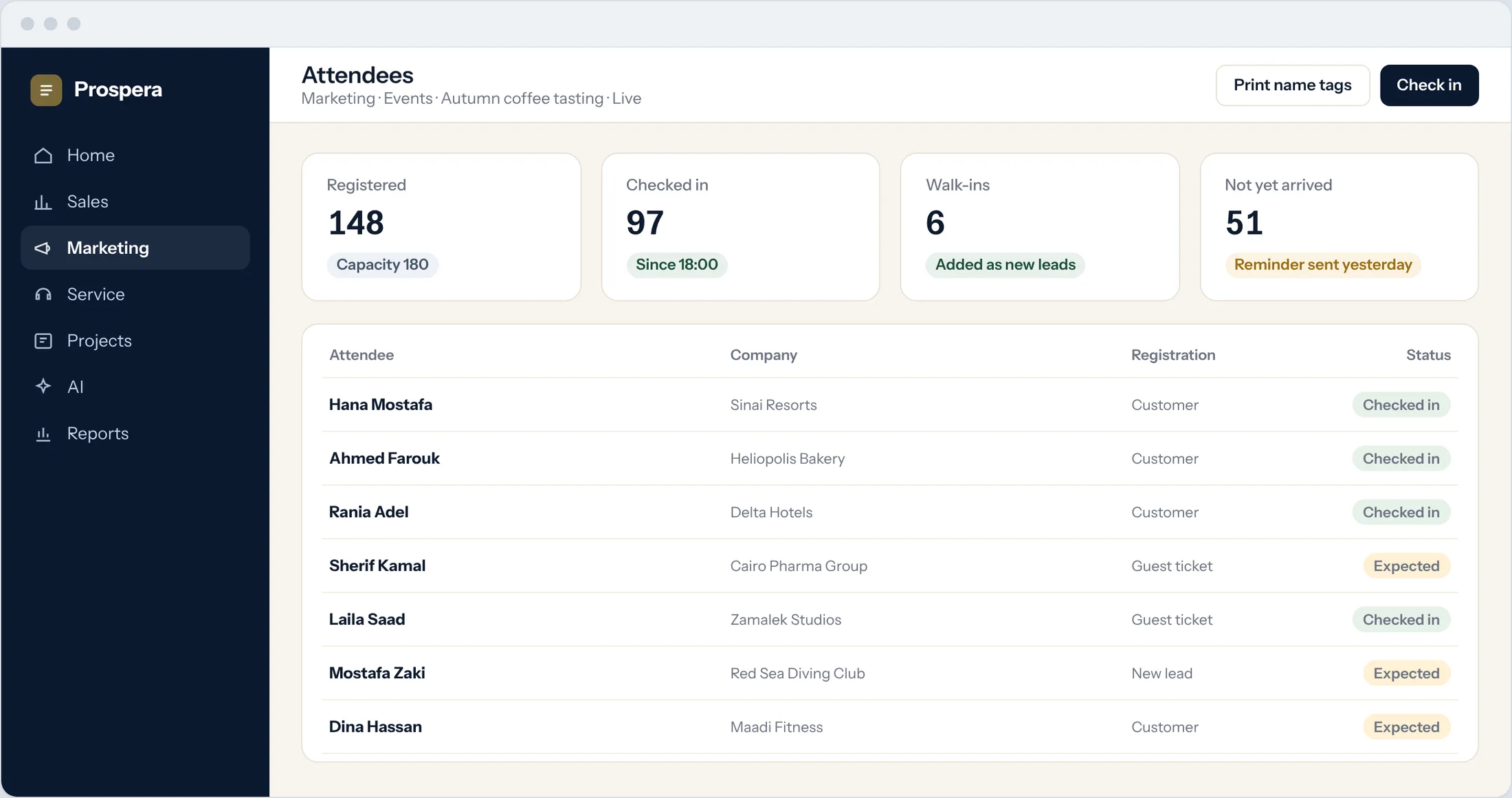 Sample: the live attendee list with registration type and check-in status