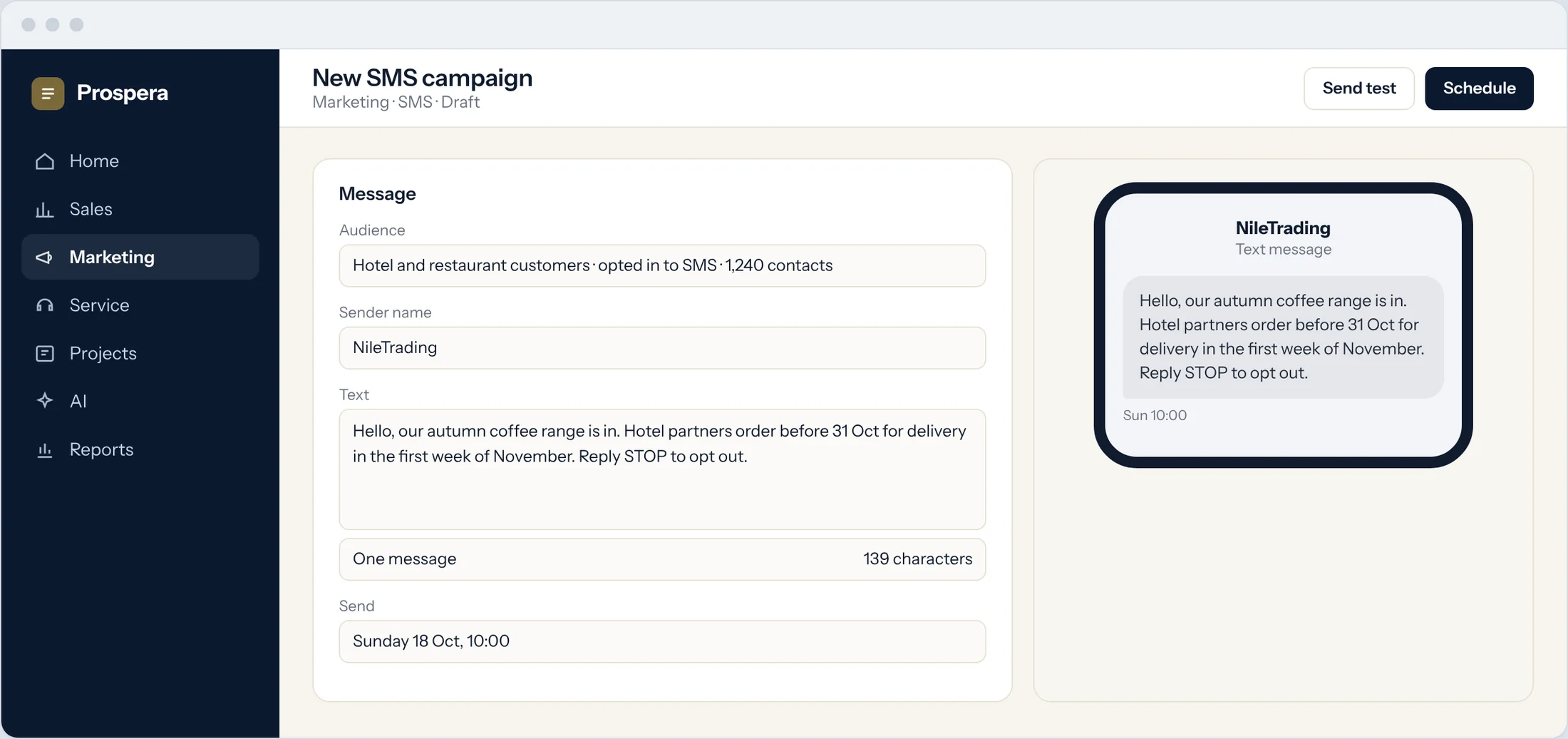 Sample: a new SMS campaign to hotel and restaurant customers with a phone preview of the message